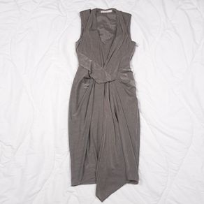 Karen Millen Taupe Grey Draped Asymmetric Wrap Sleeveless Midi Cocktail Dress 8UK/36EU