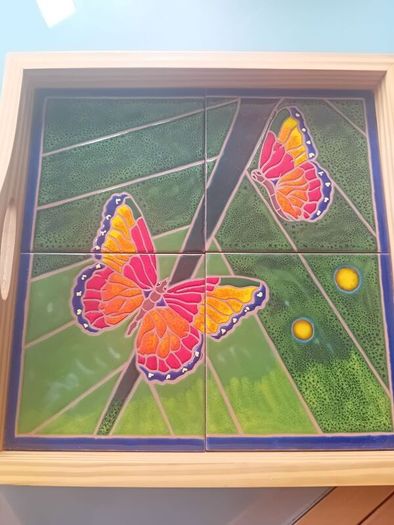 Artisan butterfly ceramic tiled wooden tray