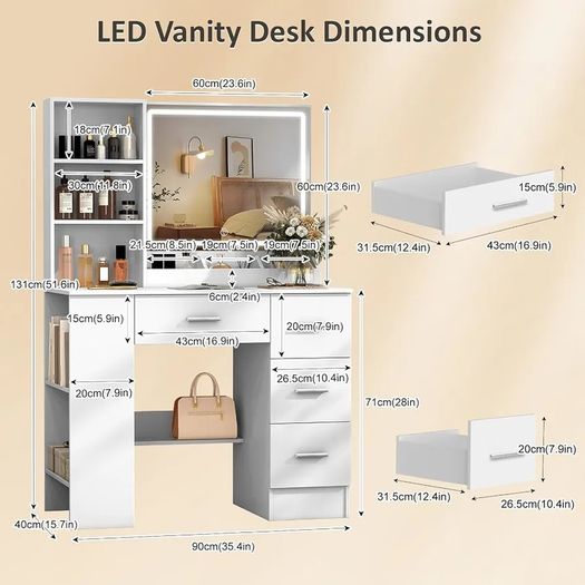 White Dressing Table with LED Mirror 3-Color Lights & Side Cabinet, 2-in-1 Makeup Vanity Desk and Nightstand with 4 Drawers & 6 Storage Shelves, Girls Vanity Table Bedroom Dresser, Large 90cm
