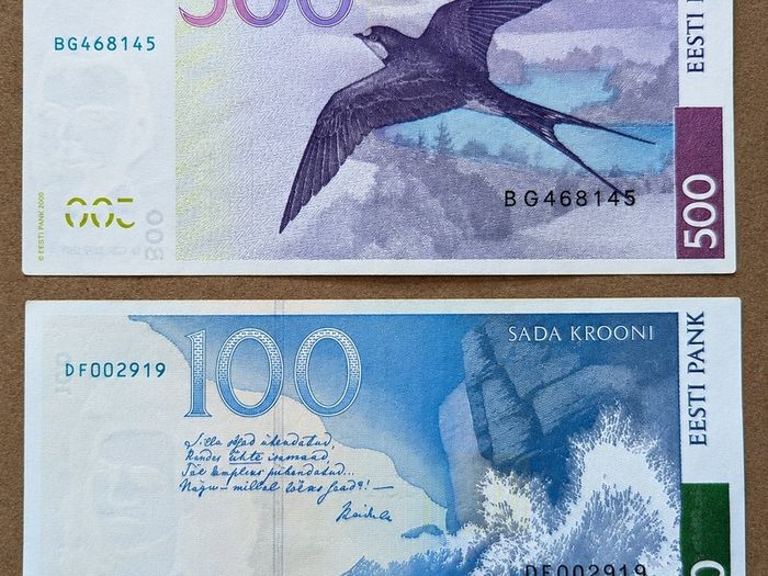 ESTONIA - Set of 2 Banknotes: 100 500 Krooni 2007 Banknote P 88 89 (VF-XF+)