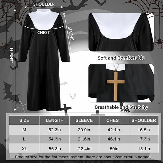 Nun Costume Set for Women, Nun Outfit Fancy Dress with Black Dress Headpiece Socks Cross Necklace for Haloween Carnival Cosplay Party Dress Up