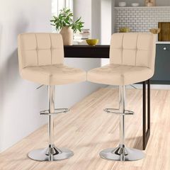 2X Cuban Chrome Gas Lift Swivel Faux Leather Kitchen Adjustable Breakfast Bar Stools Barstools Chairs Cream