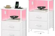 Bedside Table Set of 2 with Charging Station and LED Light, Small Bed Side Table for Bedroom Dorm Kids Room Closet