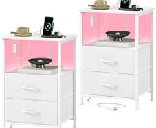Bedside Table Set of 2 with Charging Station and LED Light, Small Bed Side Table for Bedroom Dorm Kids Room Closet