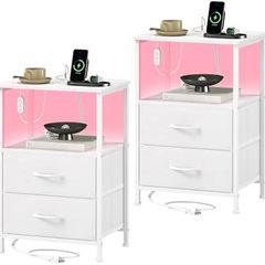 Bedside Table Set of 2 with Charging Station and LED Light, Small Bed Side Table for Bedroom Dorm Kids Room Closet