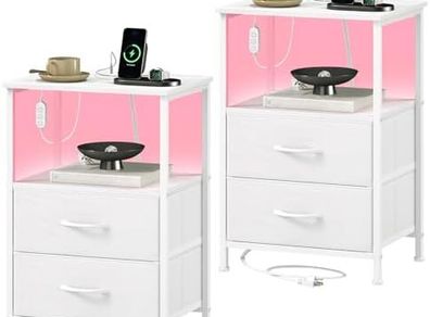 Bedside Table Set of 2 with Charging Station and LED Light, Small Bed Side Table for Bedroom Dorm Kids Room Closet