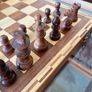 Vintage Marquetry Inlaid Folding Wooden Chess Board Chess Pieces Dice and Counters Image 2