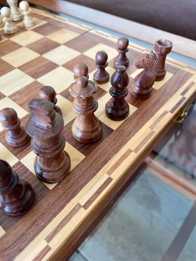 Vintage Marquetry Inlaid Folding Wooden Chess Board Chess Pieces Dice and Counters