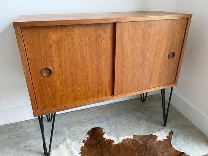 Vintage Mid Century Teak Sliding Door Storage/Vinyl Cabinet