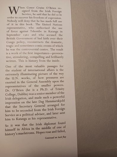 Conor Cruise O Brien / To Katanga And Back/ 1st edition/ 1962
