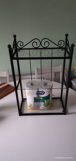 Metal mini shelving unit with glass shelves