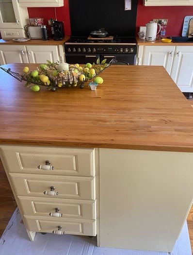 Kitchen + Island + Solid Oak Countertops + Integrated Dishwasher + black sink & gold mixer tap