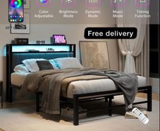King Size Bed Frame with Storage and LED Lights,5ft Metal Platform Bed Frame King Size Bed Base with Charging Station,Mattress Base,Strong Slats Support,Under-bed Storage,Noise Free,Grey