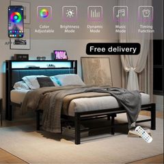 King Size Bed Frame with Storage and LED Lights,5ft Metal Platform Bed Frame King Size Bed Base with Charging Station,Mattress Base,Strong Slats Support,Under-bed Storage,Noise Free,Grey