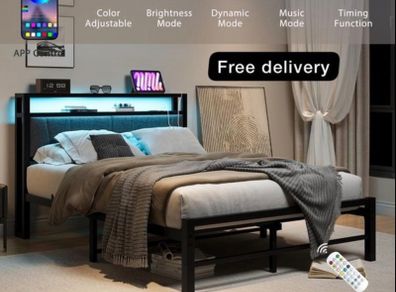 King Size Bed Frame with Storage and LED Lights,5ft Metal Platform Bed Frame King Size Bed Base with Charging Station,Mattress Base,Strong Slats Support,Under-bed Storage,Noise Free,Grey