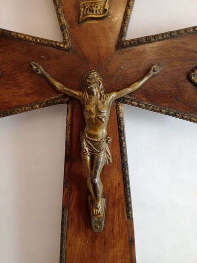 Large French Antique Wood and Brass Crucifix