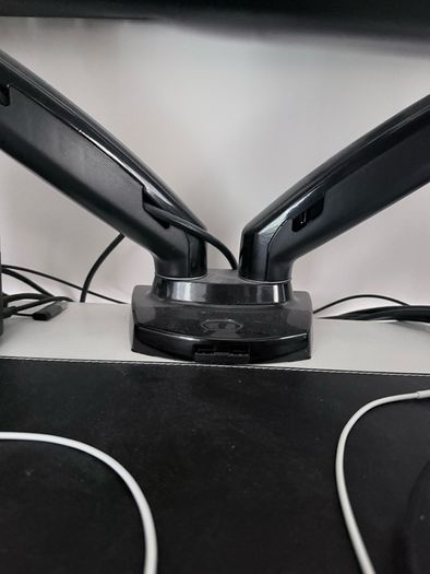 Complete desktop setup- 2 desktops, arm that holds 2 desktops and accessories.