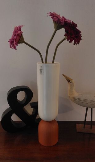 Fabulous Ceramic and Wood "TWO" Vase by the Danish Design Company Kristina Dam Studio, Copenhagen, Excellent Condition, Monochromatic Scandi Minimalism at its Best
