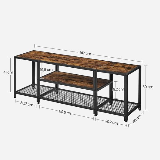 TV Shelf, Lowboard for TVs up to 65 Inches, TV Stand with 3 Levels, Open Storage Rack, Industrial Design, for Living Room, Vintage Brown/Black