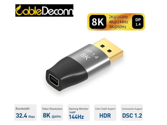 CableDeconn Premium 8K@60Hz/4K@144Hz Mini DisplayPort (Female) to DisplayPort (Male) v1.4 Bi-Directional Gold-Plated/Alloy Adapter (Brand New/Warranty)
