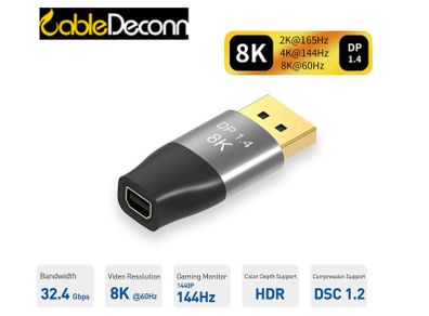 CableDeconn Premium 8K@60Hz/4K@144Hz Mini DisplayPort (Female) to DisplayPort (Male) v1.4 Bi-Directional Gold-Plated/Alloy Adapter (Brand New/Warranty)