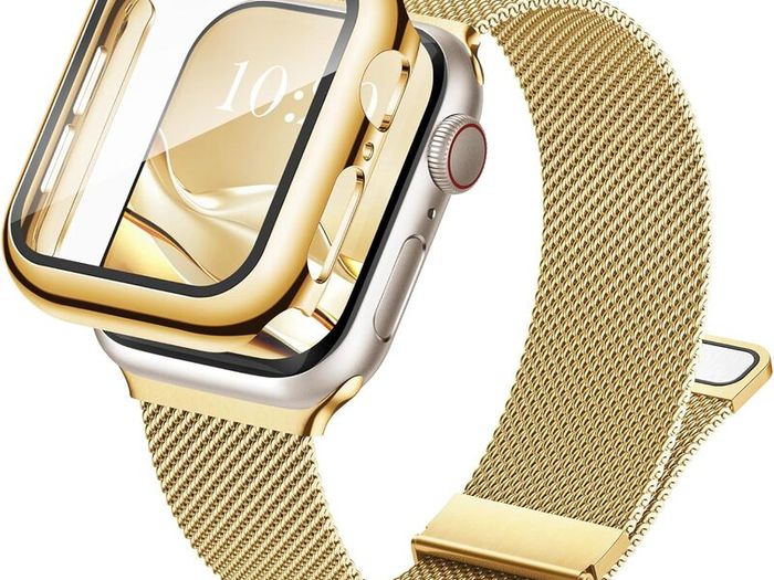 3-in-1 Compatible with Apple Watch Metal Straps 40mm with Case & Screen Protector, Dual Magnetic Band and Protective Cover with 9H Tempered Glass for iWatch SE3 Series 6/5/4, Gold