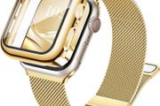3-in-1 Compatible with Apple Watch Metal Straps 40mm with Case &amp; Screen Protector, Dual Magnetic Band and Protective Cover with 9H Tempered Glass for iWatch SE3 Series 6/5/4, Gold