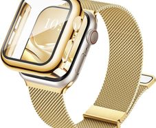 3-in-1 Compatible with Apple Watch Metal Straps 40mm with Case & Screen Protector, Dual Magnetic Band and Protective Cover with 9H Tempered Glass for iWatch SE3 Series 6/5/4, Gold