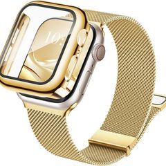 3-in-1 Compatible with Apple Watch Metal Straps 40mm with Case & Screen Protector, Dual Magnetic Band and Protective Cover with 9H Tempered Glass for iWatch SE3 Series 6/5/4, Gold