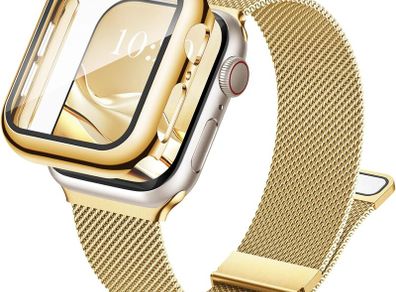 3-in-1 Compatible with Apple Watch Metal Straps 40mm with Case & Screen Protector, Dual Magnetic Band and Protective Cover with 9H Tempered Glass for iWatch SE3 Series 6/5/4, Gold