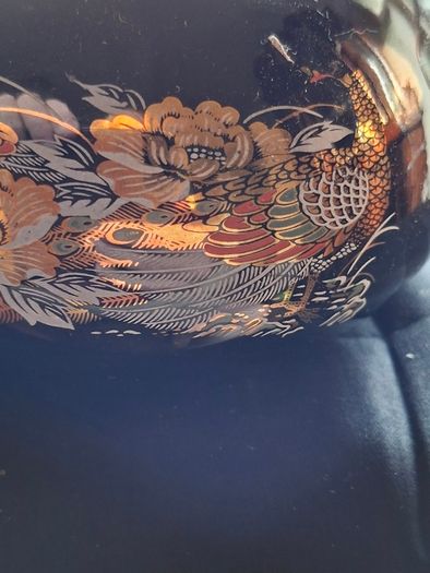 Chinese Porcelain Teapot peacock and floral patterns with gold black braided wicker or bamboo style handle, Postage Available or Collection
