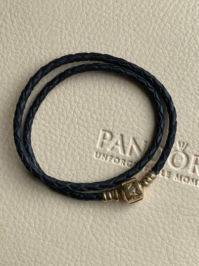 Pandora Black Double Leather Bracelet with 14 ct (585) Gold Clasp