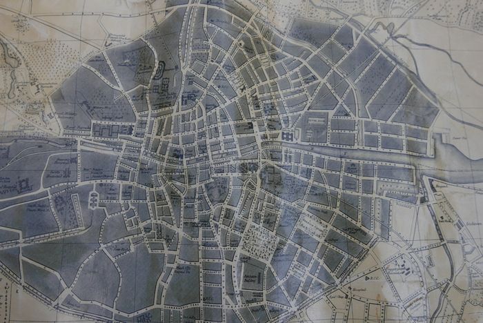 Antique DUBLIN. Map of Dublin & Suburbs with 22 vignettes of Dublin landmarks. Published by Edward Heffernan, 1st June, 1868, 12 Charleville Road, Rathmines. 28" x 22,5". Linen backed. Frayed at edges