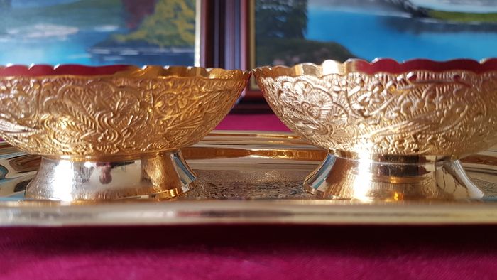 Antique Ornate And Engraved Solid Brass Footed Bowls With Underplate