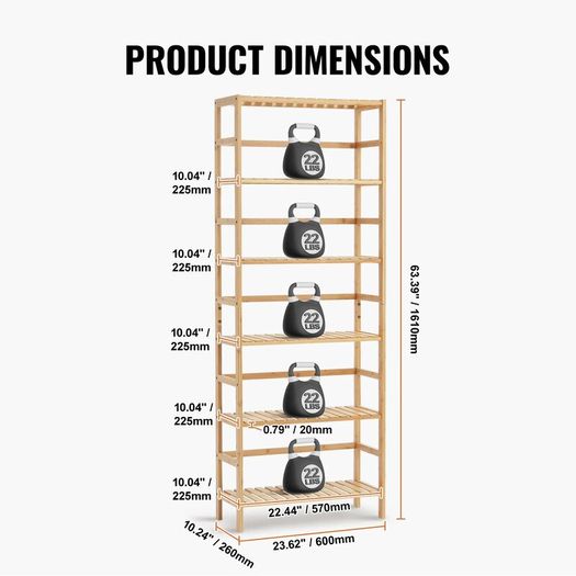 6 Tier Bamboo Bookshelf Display Storage Rack Organizer, Freestanding