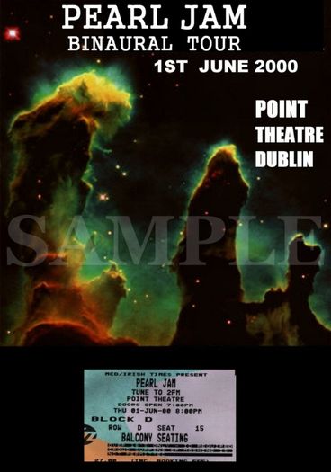 Pearl Jam concertr poster +ticket Point Theatre Dublin 2000 A3 size replica