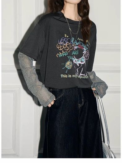 Grey Faux Layered Graphic T Shirt