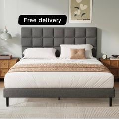 King Bed Frame, Easy Assembly, Sturdy Wooden Slat Support, Upholstered