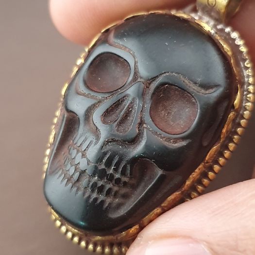 Vintage Gold Plated brass Floral Desgin &carved Skull shape Jade Pendant