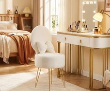 White Dressing Table Chair, Sherpa Fleece Vanity Chair with Stroage Space and Metal Legs, Makeup Vanity Stool with Pillow & Foldable Backrest, Accent Chairs for Bedroom Makeup
