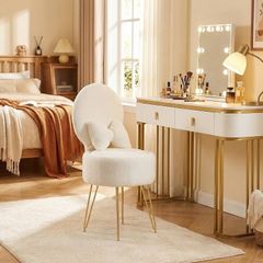 White Dressing Table Chair, Sherpa Fleece Vanity Chair with Stroage Space and Metal Legs, Makeup Vanity Stool with Pillow & Foldable Backrest, Accent Chairs for Bedroom Makeup