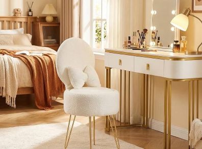 White Dressing Table Chair, Sherpa Fleece Vanity Chair with Stroage Space and Metal Legs, Makeup Vanity Stool with Pillow & Foldable Backrest, Accent Chairs for Bedroom Makeup