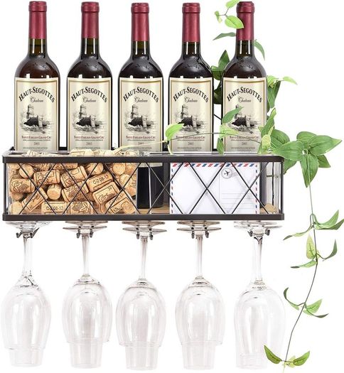 Wall Mounted Wine Rack,Metal & Wooden Wine Shelf With Glass Holder & Cork Storage,Champagne Bottle Holder,Hanging Rustic Wine Holder, Floating Wine Shelf For Kitchen, Home WK810228
