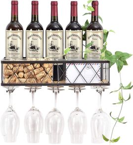 Wall Mounted Wine Rack,Metal & Wooden Wine Shelf With Glass Holder & Cork Storage,Champagne Bottle Holder,Hanging Rustic Wine Holder, Floating Wine Shelf For Kitchen, Home WK810228