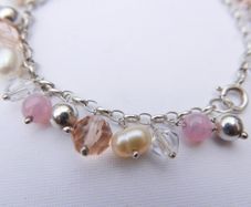 Vintage Sterling Silver Rose Quartz Pearl And Faceted Glass Pink Tassel Toggle Bracelet (L8" - 13,80g)