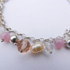 Vintage Sterling Silver Rose Quartz Pearl And Faceted Glass Pink Tassel Toggle Bracelet (L8" - 13,80g)