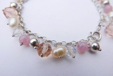 Vintage Sterling Silver Rose Quartz Pearl And Faceted Glass Pink Tassel Toggle Bracelet (L8" - 13,80g)