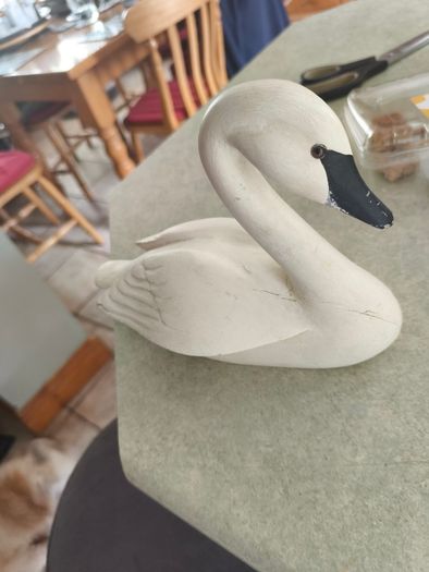 Vintage Folk Art Solid Wood Swan Figure Hand Carved & Painted with Glass Eyes