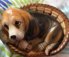 Vintage Hound Dog in Basket from the 70s