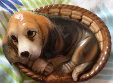 Vintage Hound Dog in Basket from the 70s